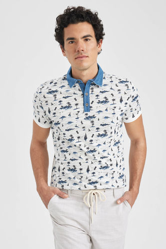 Polo Neck Patterned Short Sleeve T-Shirt