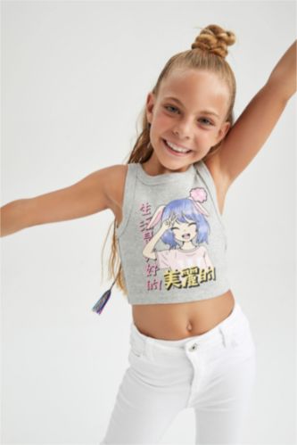 GIRLS & TEENS Grey Melange تانك توب مضلع سليم فيت