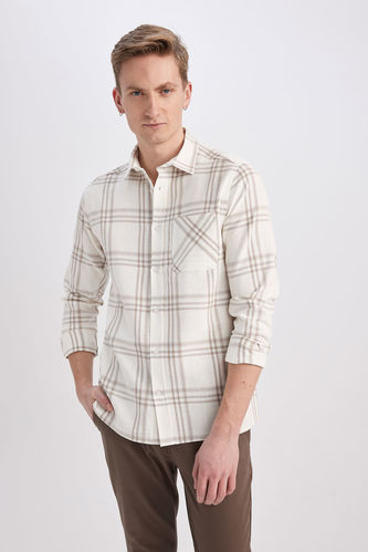 Modern Fit Polo Neck Long Sleeve Checkered Shirt