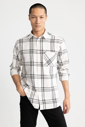 Modern Fit Polo Neck Long Sleeve Checkered Shirt