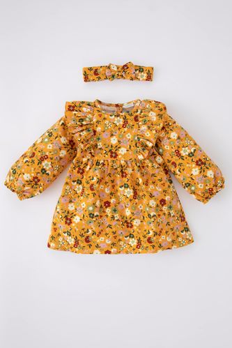 Baby Girl Patterned Long Sleeve Flannel Bandana Dress Set