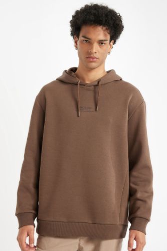 Kahverengi Relax Fit Kapüşonlu Baskılı Sweatshirt