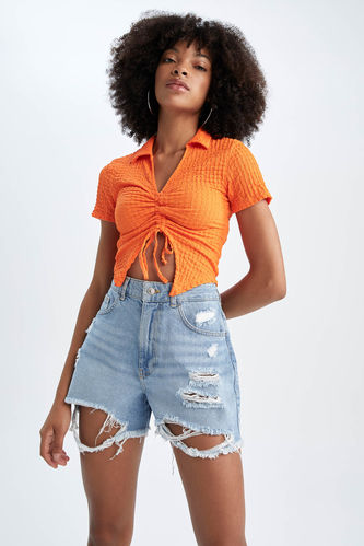 Fitted Polo Neck Short Sleeve Crop T-Shirt