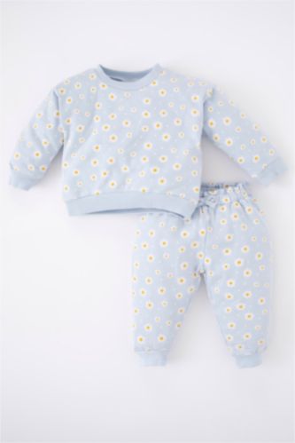 Baby Girls Light Blue Baby Girl Floral Crew Neck Sweatshirt Tracksuit Bottom Set