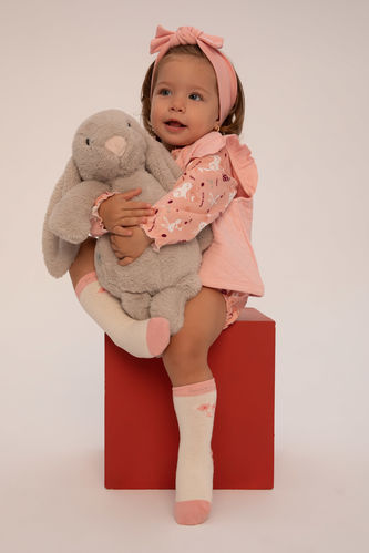Kız Bebek Desenli Uzun Kollu Çıtçıtlı Body Yelek Külotlu 3'lü Takım
