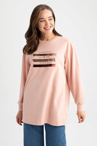Relax Fit Crew Neck Sequined Sweatshirt Fabric Tunic