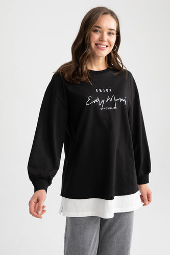 Relax Fit Crew Neck Slogan Printed Tunic