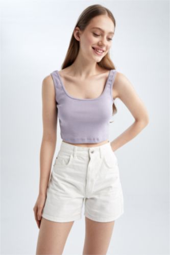 Coool Fitted Basic Square Collar Rib Crop Singlet
