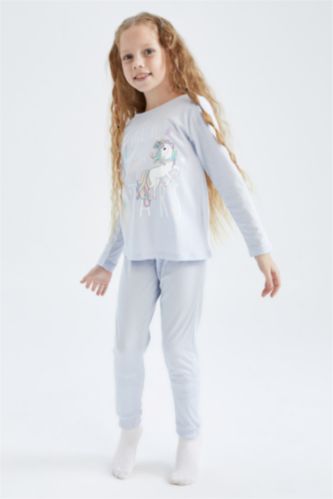 Kız Çocuk - Genç Kız Mavi Kız Çocuk Unicorn Baskılı Uzun Kollu Pijama Takım