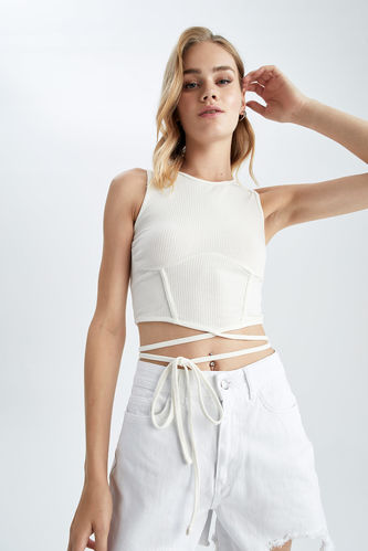 Fitted Belt and Corset Detailed Camisole Crop Top