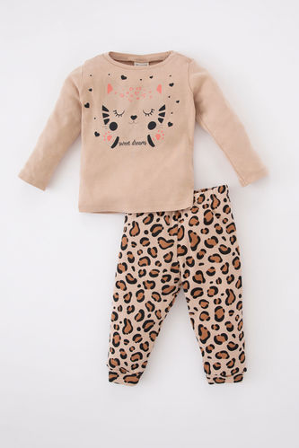 Пижама вязанная 2 шт. стандартного кроя с леопардовым принтом с длинным рукавом из рибаны для малышей девочек