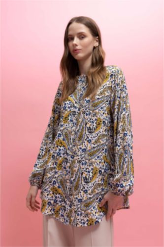 حريمي بيج فاتح تونيك بنمط الشال قصة مريحة كم طويل