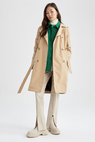 Water Repellent Faux Leather Belted  Trench Coat