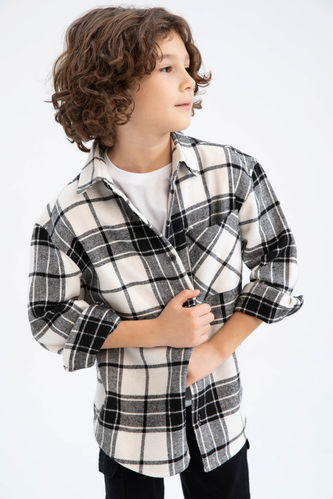 Boy Oversize Fit Polo Neck Flannel Long Sleeve Shirt