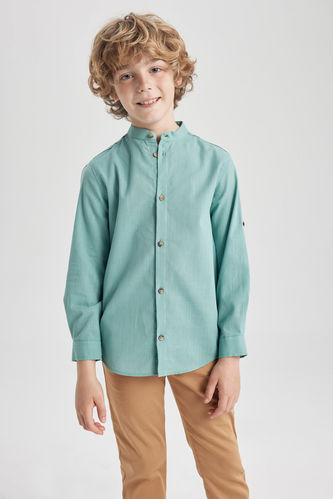 Boy Regular Fit Stand Collar Poplin Long Sleeve Shirt