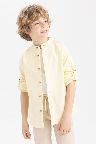 Boy Straight Collar Linen Look Long Sleeve Shirt