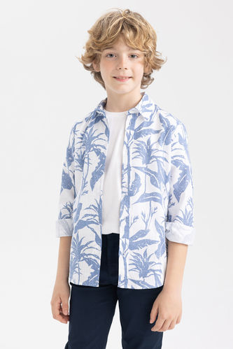 Erkek Çocuk Floral Desenli Keten Görünümlü Uzun Kollu Gömlek