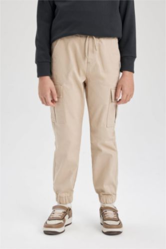 Erkek Çocuk - Genç Erkek Bej Erkek Çocuk Kargo Cepli Beli Bağcıklı Lastikli Paça Jogger Gabardin Pantolon