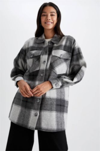 FEMME Gris Clair Tunique À Manches Longues Flanelle Coupe décontractée Carreaux