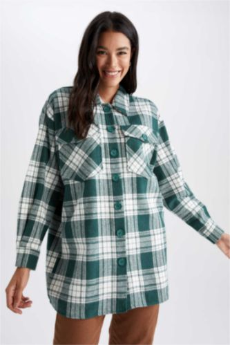 FEMME Vert Tunique À Manches Longues Flanelle Coupe décontractée Carreaux