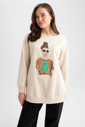 Relax Fit Crew Neck Printed Sweatshirt Tunic