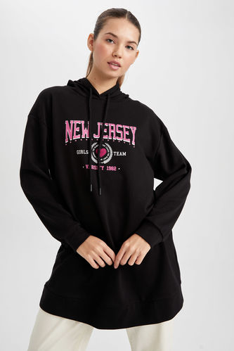 Tunic Black DeFacto Sweatshirt Woman | Fit 2715960 Printed Relax Hooded