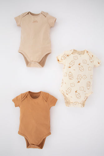 Baby Boy Milk Printed Combed Cotton 3 Piece Short Sleeved Snap Fastener Body