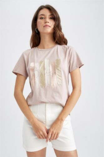 نساء وردي فاتح Regular Fit Cotton Short Sleeve T-Shirt