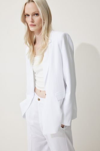 Oversize Geniş Kalıp Keten Karışımlı Beyaz Blazer Ceket