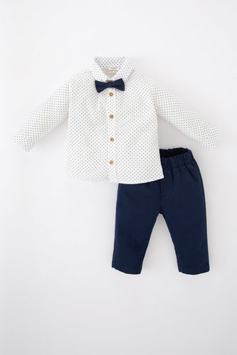 Baby Boy Patterned Long Sleeve Shirt Bowtie Pants 3-Piece Set