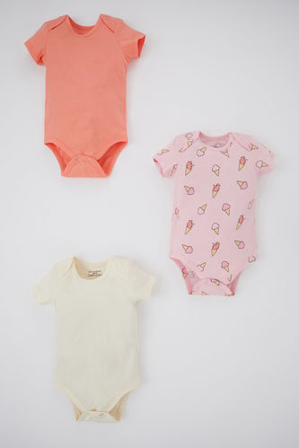 Baby Girl Envelope Collar Fun Printed Combed Cotton 3 Piece Bodysuit