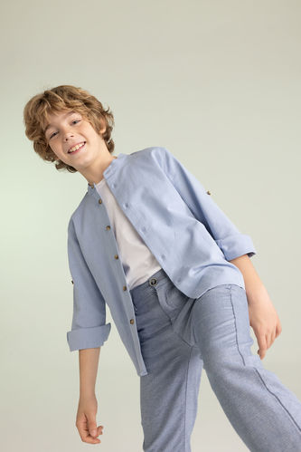 Boy Stand Collar Cotton Long Sleeve Shirt