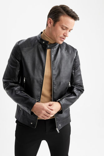 Slim Fit Standing Collar Faux Leather Coat