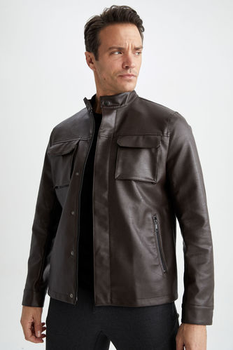Regular Fit Standing Collar Faux Leather Coat
