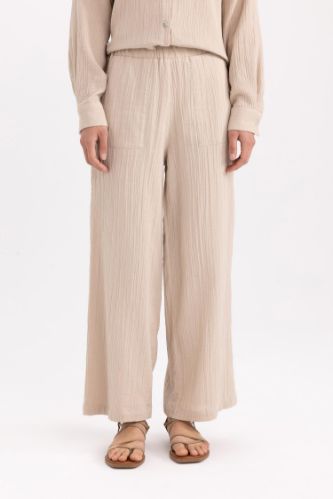 Wide Leg Geniş Bol Paça Esnek Belli Basic Düz Muslin Pantolon
