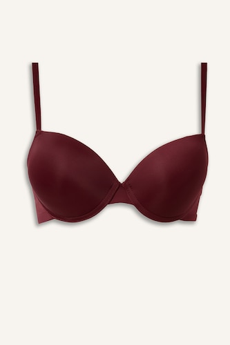 Kadın Bordo Push Up Micro Kaplı Yarım Dolgulu Balenli Tişört Bra