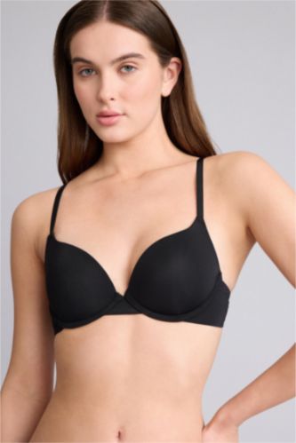 Kadın Siyah Push Up Micro Kaplı Yarım Dolgulu Balenli Tişört Bra