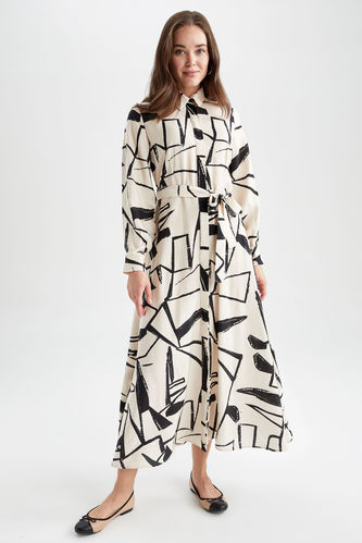 Shirt Collar Patterned and Belted Long Sleeve Maxi Dress