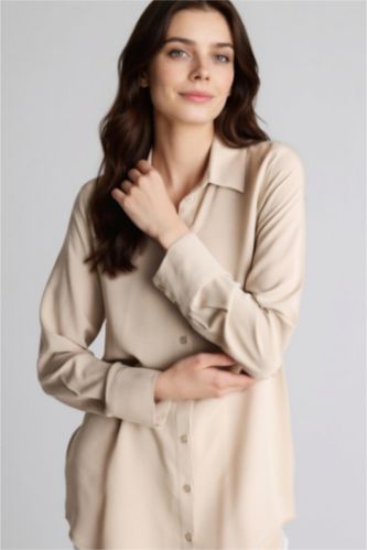 نساء اللون الحجري قميص طويل قصة عادية ردن طويل