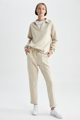 Beige WOMAN Regular Fit With Pockets Thick Sweatshirt Fabric Trousers ...