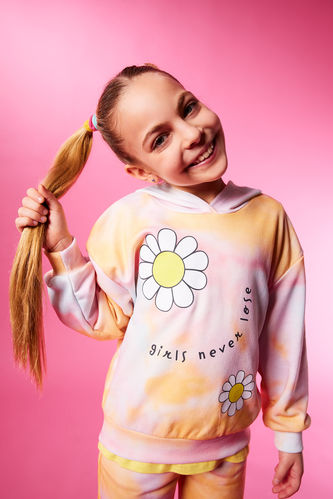 Kız Çocuk Kapüşonlu Çiçek Desenli Kalın Sweatshirt