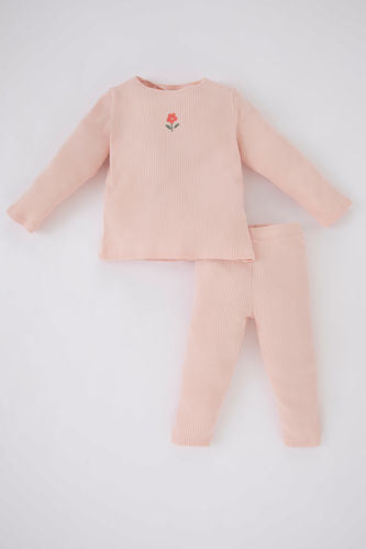 Baby Girl Embroidered Long Sleeve Ribbed Camisole 2-Pajama Set