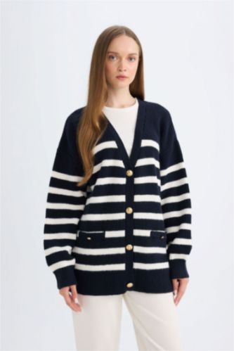 FEMME Marin Cardigan rayé à coupe régulière et col V