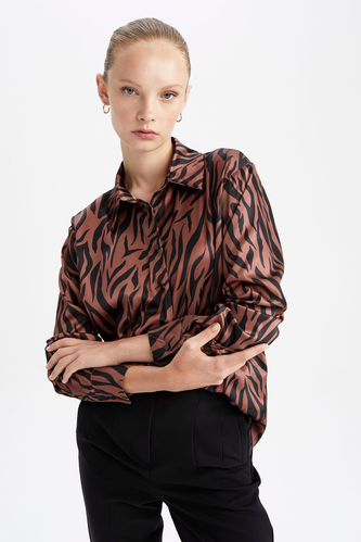 Relax Fit Shirt Collar Zebra Patterned Long Sleeve Satin Shirt
