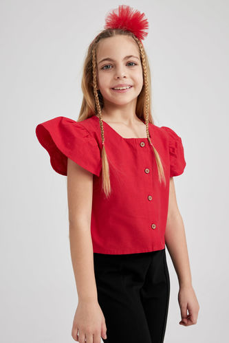 Блузка з коротким рукавом з V-подібним вирізом Дитячий день з льону для дівчаток