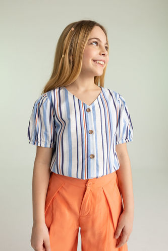 Girl V-Neck Patterned Cotton Short Sleeve Shirt