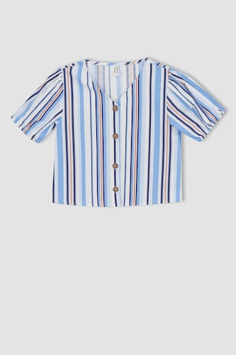 Girl V-Neck Patterned Cotton Short Sleeve Shirt