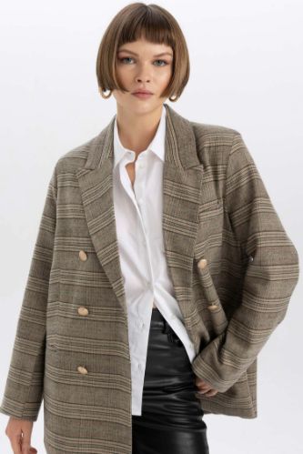 Oversize Fit Geniş Kalıp Desenli Kruvaze Yaka Düğmeli Blazer Ceket
