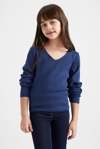 Пуловер стандартного кроя с V образным вырезом для девочек