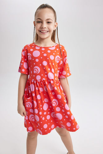 Girl Patterned Short Sleeve Combed Cotton Dress